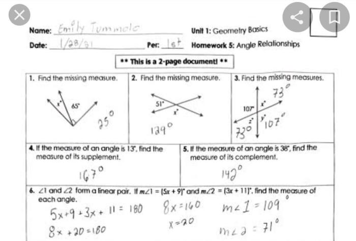 Unit 1 geometry basics quiz 1-1 answer key